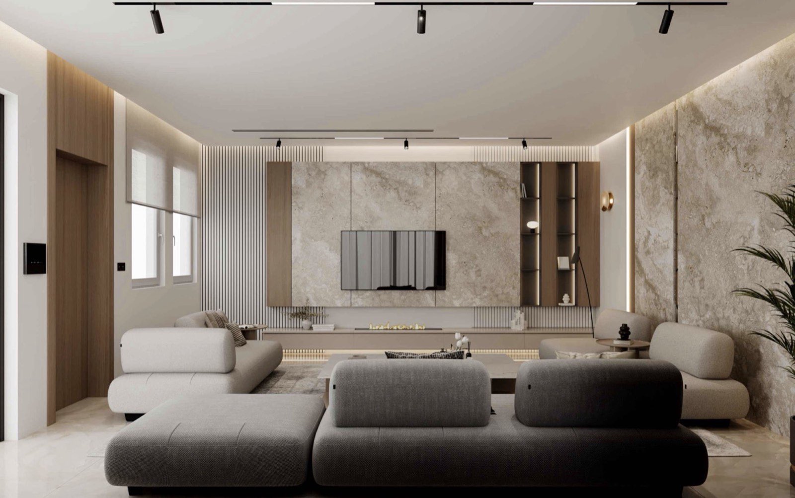 Rendu : salon, mur en pierre